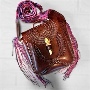 Mexican Leather Crossbody Bag, Hand Tooled, Purple/Pink Macrame Shoulder Strap